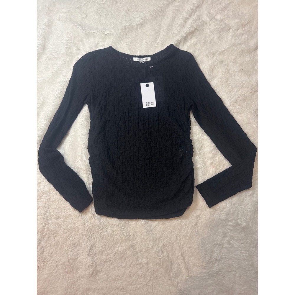 Rose + Olive Top Women XS Black New NWT Popcorn Crinkle Knit Long Sleeve Ruched